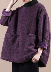 Italian Purple Faux Fur Turtle Neck Pockets Sweatshirts Top Winter