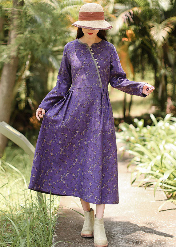 Italian Purple V Neck Print Maxi Dresses Long Sleeve