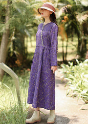 Italian Purple V Neck Print Maxi Dresses Long Sleeve