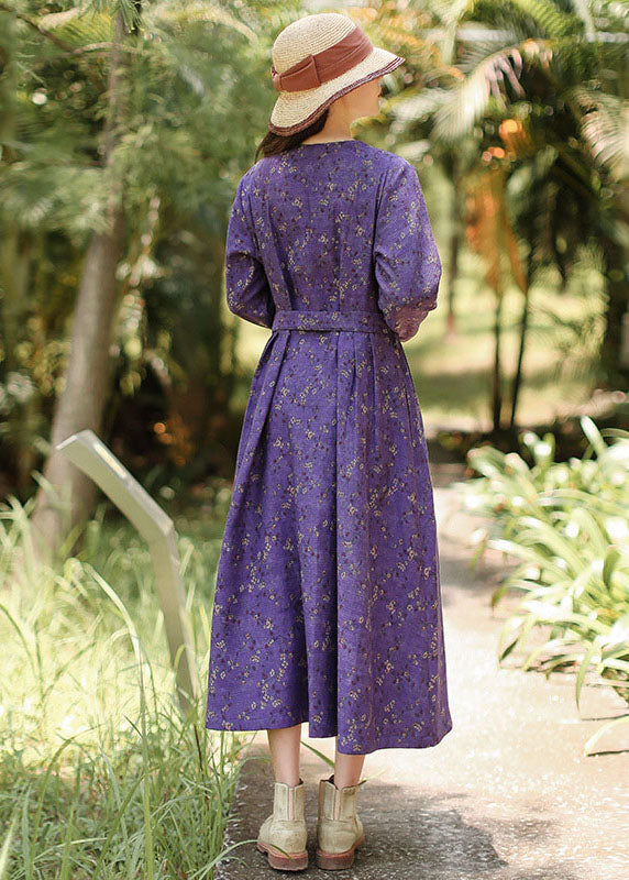 Italian Purple V Neck Print Maxi Dresses Long Sleeve