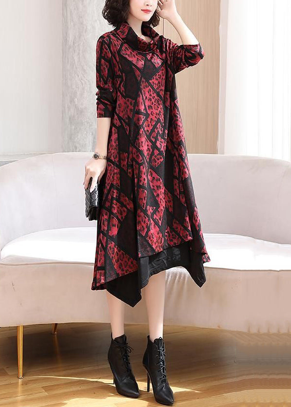 Italian Red Asymmetrical Print Patchwork Cotton Dresses Spring