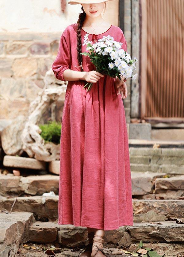 Italian Red Clothes For Women O Neck Pockets Maxi Spring Dress - bagstylebliss