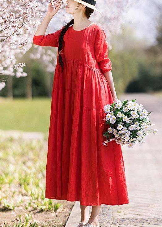 Italian Red Half Sleeve O-Neck Summer Linen Dress - bagstylebliss