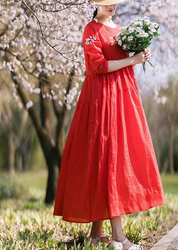 Italian Red Half Sleeve O-Neck Summer Linen Dress - bagstylebliss