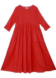 Italian Red Half Sleeve O-Neck Summer Linen Dress - bagstylebliss