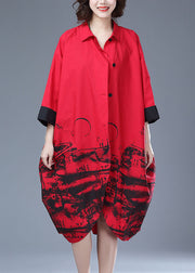 Italian Red Print Button Pockets Patchwork Cotton Long Trench Coat Fall