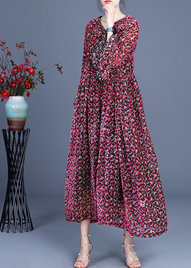 Italian Red Print flare sleeve Summer Silk Maxi Dresses - bagstylebliss