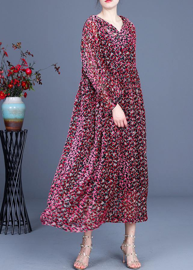 Italian Red Print flare sleeve Summer Silk Maxi Dresses - bagstylebliss