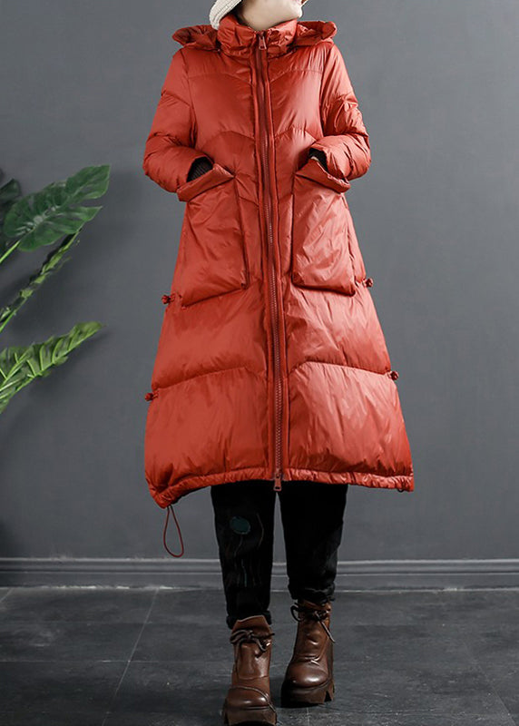 Italian Red Zip Up Pockets Hooded Duck Down Puffer Coat Winter