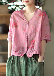 Italian Rose V Neck Print Button Linen Top Half Sleeve