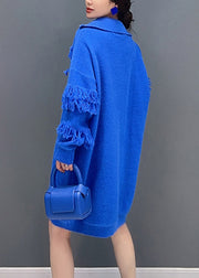 Italian Royal Blue Zip Up Tasseled Cotton Knit Mid Dress Long Sleeve