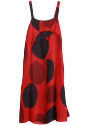 Italian Spaghetti Strap Asymmetric Tunics Red Dotted Loose Dress - bagstylebliss