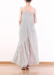 Italian Spaghetti Strap asymmetric chiffon clothes For Women white striped Dress Summer - bagstylebliss