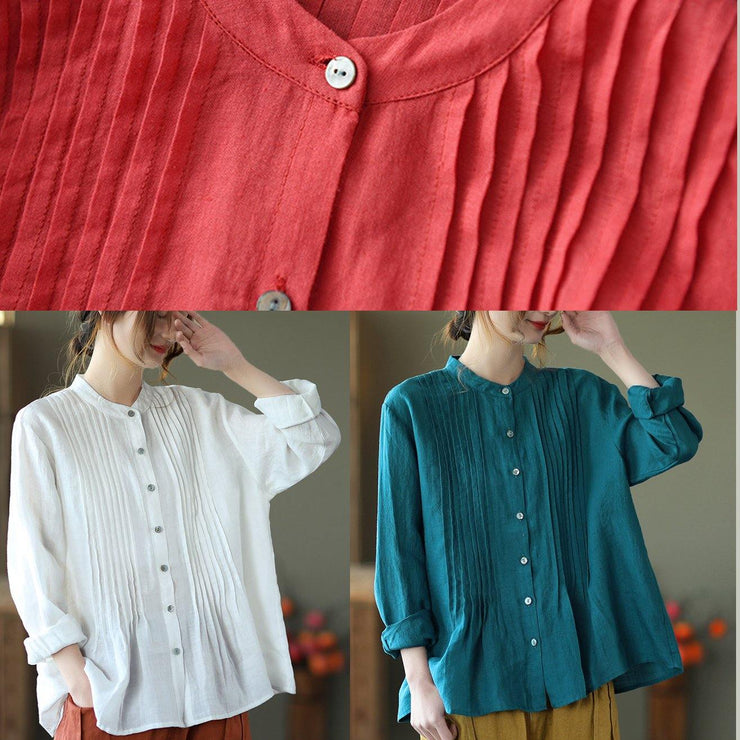 Italian Stand Collar Cinched Spring Top Work Outfits Blue Shirts - bagstylebliss