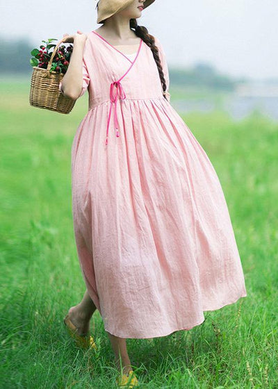 Italian V Neck Half Sleeve Summer Clothes Outfits Pink Vestidos De Lino Dress - bagstylebliss