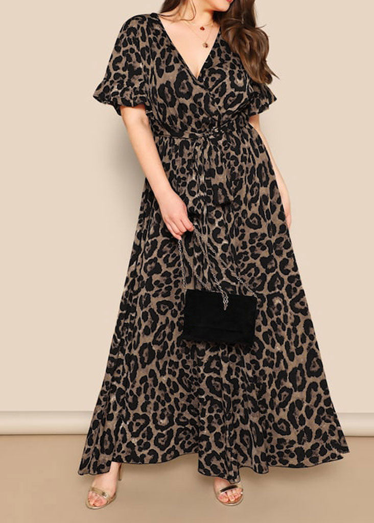 Italian V Neck Leopard Print Tie Waist Long Dress Butterfly Sleeve