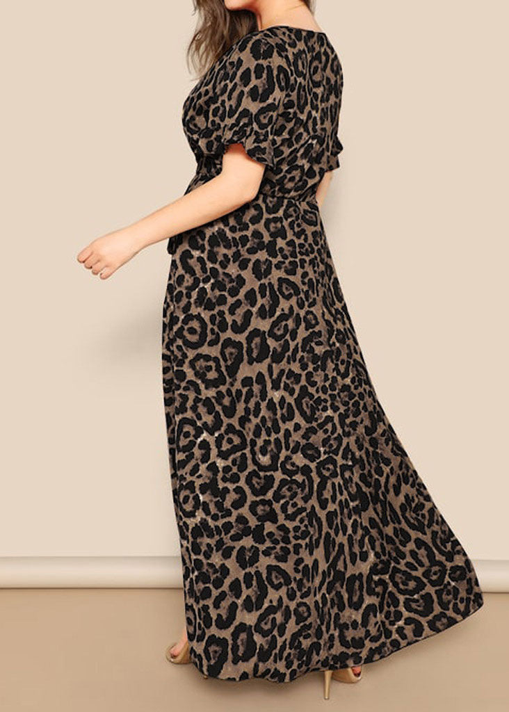 Italian V Neck Leopard Print Tie Waist Long Dress Butterfly Sleeve