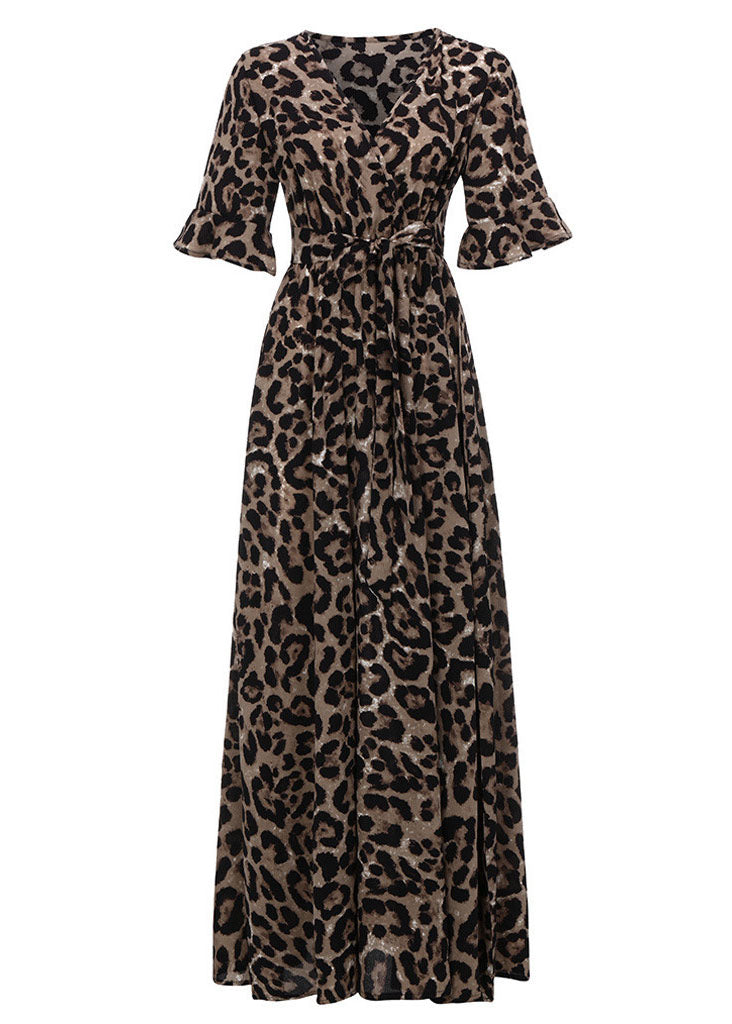 Italian V Neck Leopard Print Tie Waist Long Dress Butterfly Sleeve