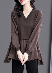 Italian V Neck Patchwork Knit Blouse Winter