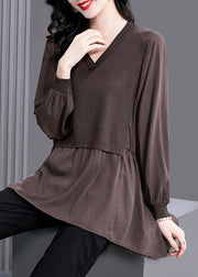 Italian V Neck Patchwork Knit Blouse Winter