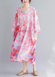 Italian V Neck Patchwork Spring Tunics Tunic Pink Print Maxi Dresses - bagstylebliss