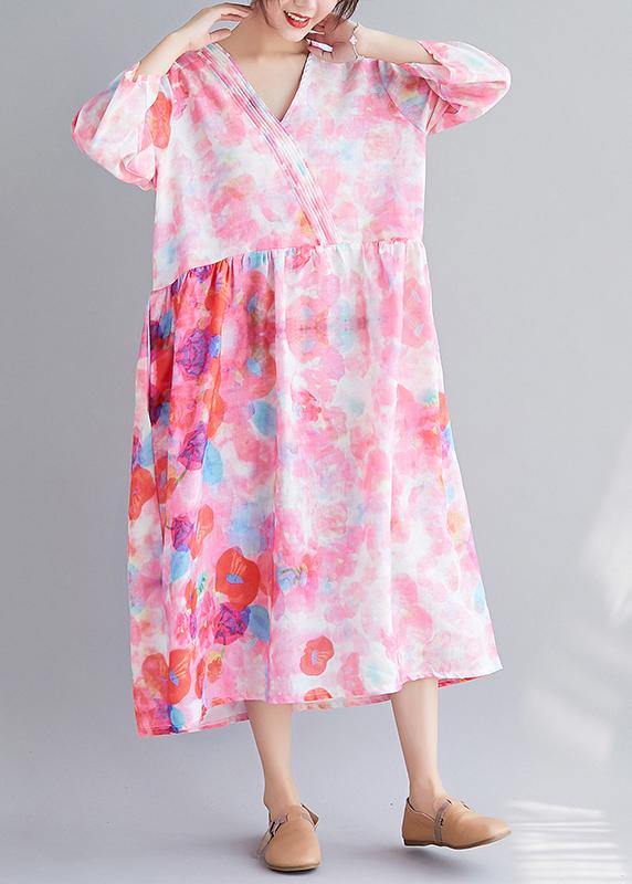 Italian V Neck Patchwork Spring Tunics Tunic Pink Print Maxi Dresses - bagstylebliss