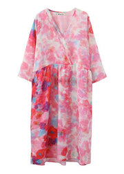 Italian V Neck Patchwork Spring Tunics Tunic Pink Print Maxi Dresses - bagstylebliss