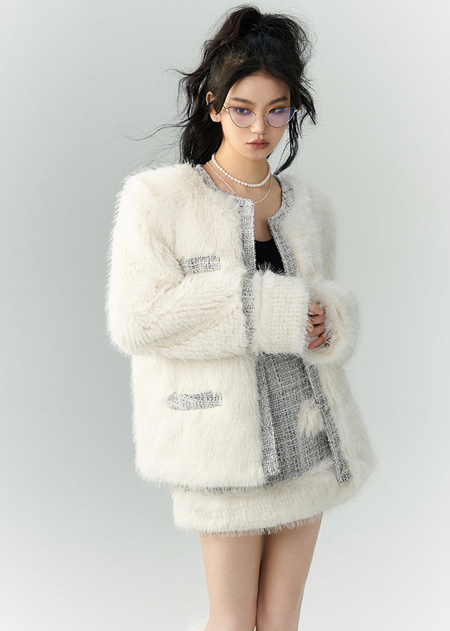 Italian White Button Coats And Skirts Leather And FurTwo Pieces Set Winter