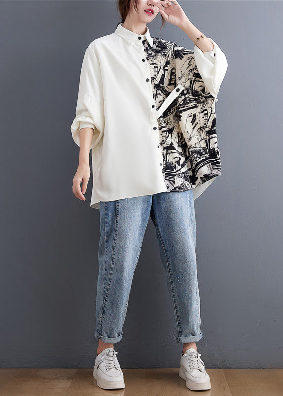 Italian White Peter Pan Collar Button asymmetrical design Print Shirt Top Batwing Sleeve