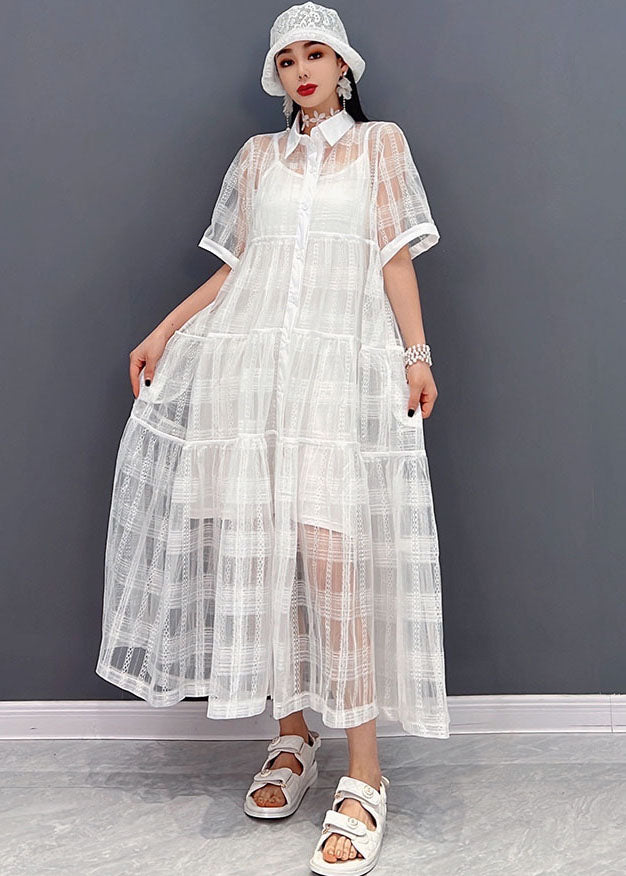 Italian White Peter Pan Collar Patchwork Tulle Long Dress Two Pieces Set Summer