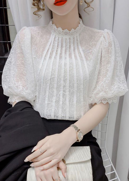 Italian White Wrinkled Patchwork Lace Tops Puff Sleeve