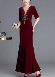 Italian Wine Red V Neck Zircon Silk Velour Long Dresses Fall