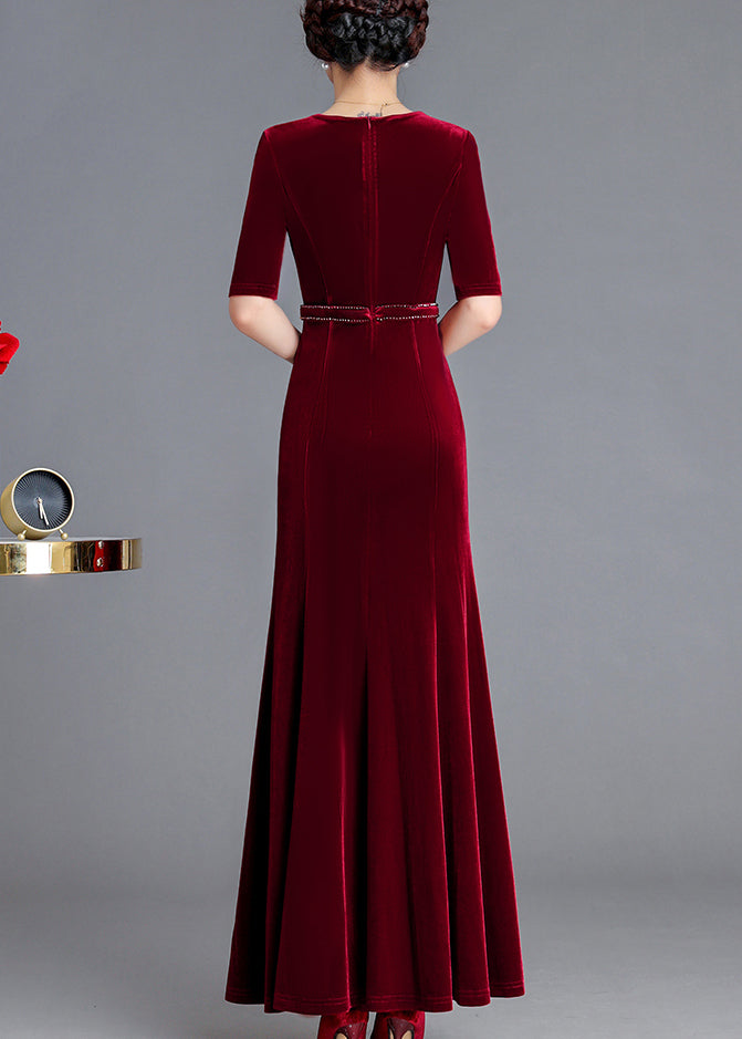 Italian Wine Red V Neck Zircon Silk Velour Long Dresses Fall