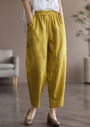 Italian Yellow Elastic Waist Pockets Linen Pants Summer