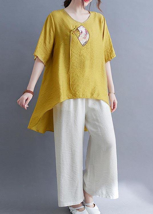 Italian Yellow Embroideried Fan Cotton Linen Top Summer - bagstylebliss