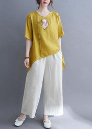 Italian Yellow Embroideried Fan Cotton Linen Top Summer - bagstylebliss