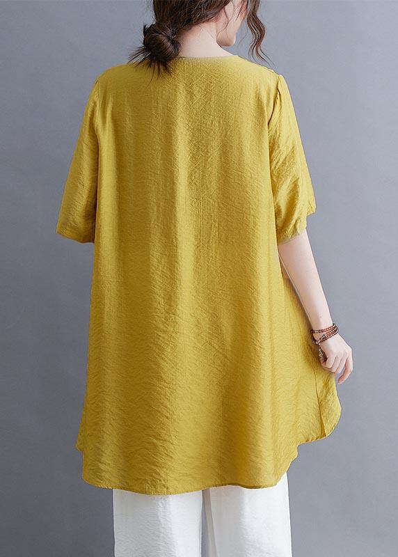 Italian Yellow Embroideried Fan Cotton Linen Top Summer - bagstylebliss