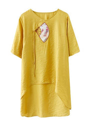Italian Yellow Embroideried Fan Cotton Linen Top Summer - bagstylebliss