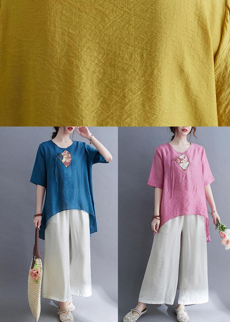 Italian Yellow Embroideried Fan Cotton Linen Top Summer - bagstylebliss