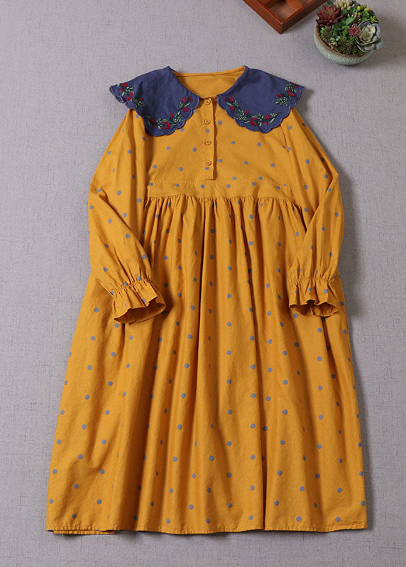 Italian Yellow Embroidered Patchwork Dot Cotton Party Dress Spring