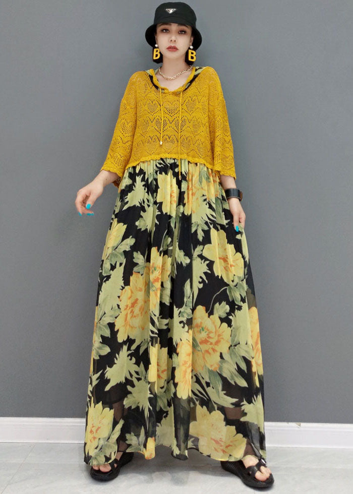 Italian Yellow Hooded Patchwork Chiffon Lace Maxi Dresses Bracelet Sleeve