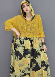 Italian Yellow Hooded Patchwork Chiffon Lace Maxi Dresses Bracelet Sleeve