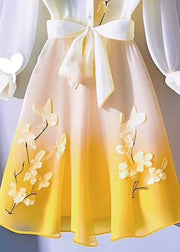 Italian Yellow Lace Up Patchwork Chiffon Shirts Dress Fall