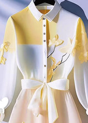 Italian Yellow Lace Up Patchwork Chiffon Shirts Dress Fall