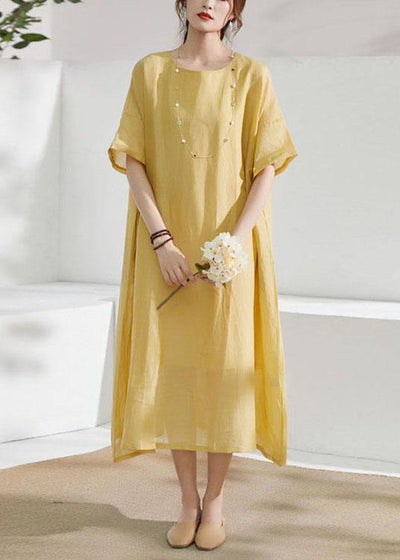 Italian Yellow Pockets Patchwork Summer Ramie Dress Half Sleeve - bagstylebliss