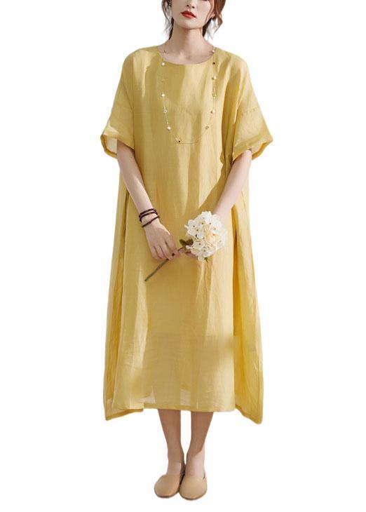 Italian Yellow Pockets Patchwork Summer Ramie Dress Half Sleeve - bagstylebliss