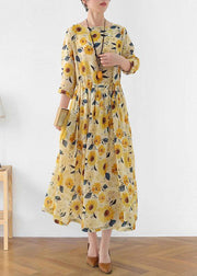 Italian Yellow Print Ramie Tie Waist Ankle Dress Fall - bagstylebliss