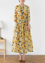 Italian Yellow Print Ramie Tie Waist Ankle Dress Fall - bagstylebliss