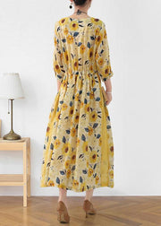 Italian Yellow Print Ramie Tie Waist Ankle Dress Fall - bagstylebliss