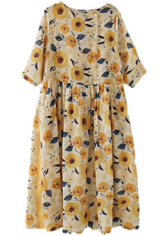 Italian Yellow Print Ramie Tie Waist Ankle Dress Fall - bagstylebliss